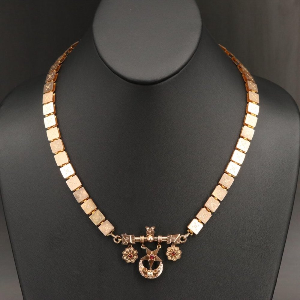 Antique Victorian Bar Necklace with Flower, Star and Crescent Moon